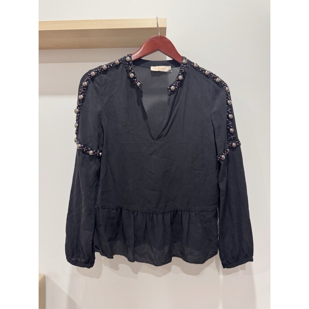 Tory Burch Mezair Embellished 100% Silk Blouse Old Money Black Size 2 Ruffles